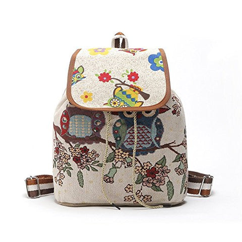 Canvas Teen Girls Travel Backpack Cute Mini School Bag Printing Purse Rucksack (Beige-03 One size)