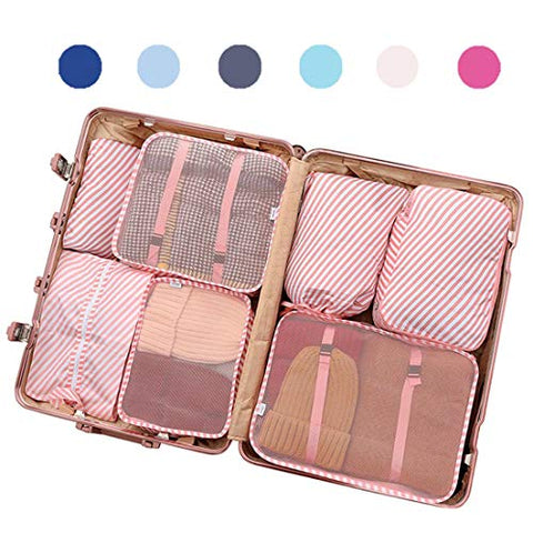 Luggage Organizer, Packing Cubes For Travel With Shoes Bags, Compression Cells, Accessories Bags Made With Wearable Waterproof Material. Perfect for Travel, Long Trips, Camping (Pink Stripe - 7 PCS)