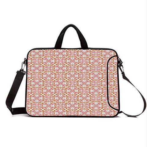 13" Neoprene Laptop Bag Sleeve with Handle,Adjustable Shoulder Strap & External Side Pocket,Coral,Organic Floral Shapes Twenties Fashion Victorian Tile Retro Boho Art Print,Coral Orange White