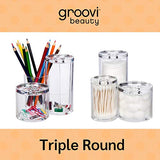GROOVI BEAUTY Acrylic Triple Round Make up Container (3 Connected Towers) - Compact Size, Great Storage Container for Cosmetics, Bathroom and Vanity Supplies - qtips, Cotton Balls - 5.5"x5.9"x5.25"