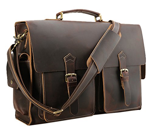Polare 17'' Mens Full Grain Leather Laptop Briefcase Business Messenger Bag Satchel