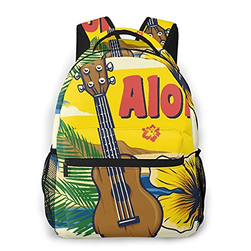 Multi leisure backpack,Aloha Hawaii Ukulele Vintage Style, travel sports School bag for adult youth College Students