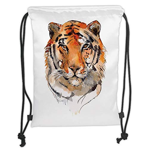 Custom Printed Drawstring Sack Backpacks Bags,Tiger,Feline Animal with Calming Stare Hand Drawn
