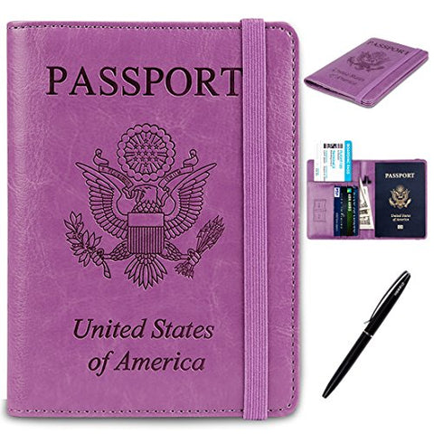 Passport Holder Cover wallet Case-Leather RFID Blocking Travel Document Organizer with Bonus Pen