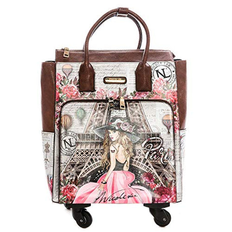 Nicole Lee Women's Graphic Pink Rolling Tote Bag with 4 Spinner Wheels and Electronic Compartment Travel, Vivian Dreams Paris, One Size