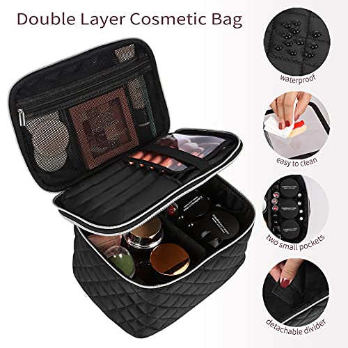 BAKLUCK Portable Makeup Bag with Dividers, Large Capacity,Lay Flat Travel  Cosmetic Bag - Brown Checkered Makeup Bag, Perfect for Women's Travel and