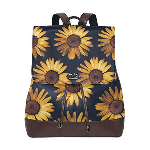 Retro Sunflower View Women's Genuine Leather Backpack Bookbag School Purse Shoulder Bag