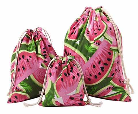 Set Of 3 Practical Travel Sports Storage Drawstring Bags Canvas Watermelon