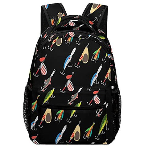 Vintage Fishing Fish Lure Style Black Backpack Boy School Bag Sackpack For Student Fashion Adjustable Bookbag With Umbrella Water Cup Pocket Lightweight Cool