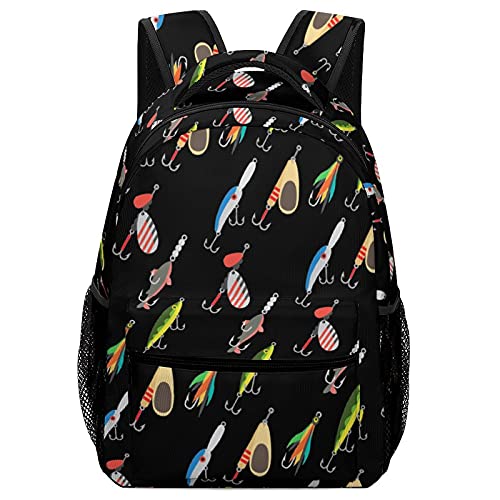 Vintage Fishing Fish Lure Style Black Backpack Boy School Bag Sackpack For  Student Fashion Adjustable Bookbag With Umbrella Water Cup Pocket