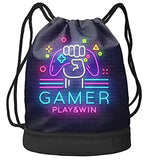 Unisex Gym Drawstring Bags Weapon Gamer Play Win Gaming Neon Style Sackpack Sports Bag Beam Backpack with Shoe Compartment Pockets for Men Women Girls boys Outdoor Hiking Swimming
