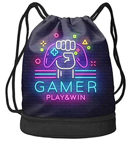 Unisex Gym Drawstring Bags Weapon Gamer Play Win Gaming Neon Style Sackpack Sports Bag Beam Backpack with Shoe Compartment Pockets for Men Women Girls boys Outdoor Hiking Swimming