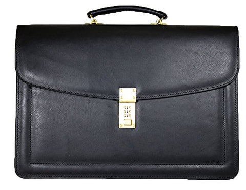 Jack Georges Belting Triple Gusset Leather Briefcase W/Combination Lock In Black