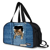 Hugsidea Funny Pet Cat Head Patteran Outdoor Travel Duffel Batg Jeans Blue Sport Handbag For Women