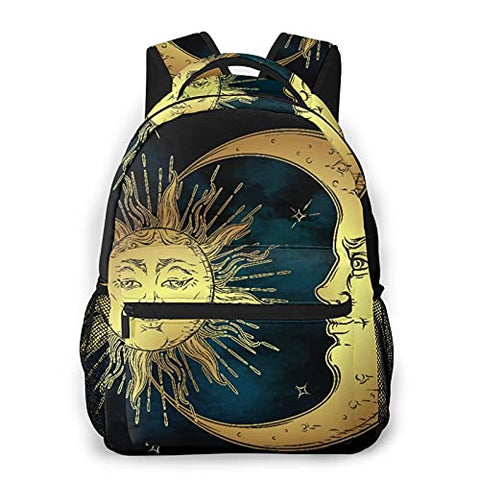 Multi leisure backpack,Boho Chic Art Golden Sun Moon And Stars Over, travel sports School bag for adult youth College Students