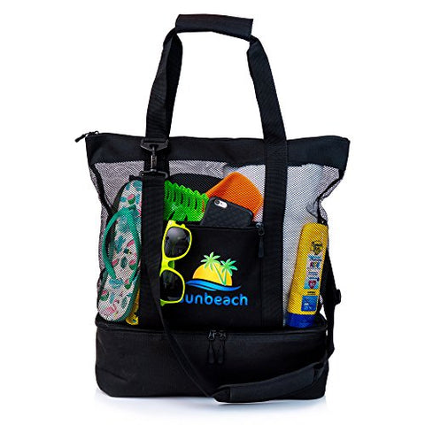 Sunbeach Mesh Beach Bag Tote with Built-in Insulated Cooler, Zipper Closure, Outside Zipper Pocket, Padded Handle Grips and Removable Padded Shoulder Strap (Black)