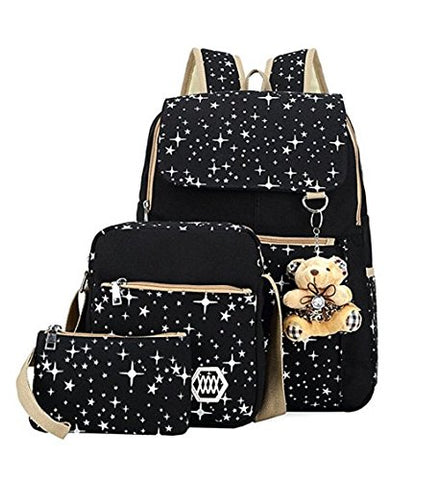 Girls' Canvas Backpack Set 3 Pieces Patterned Bookbag Laptop School Backpack (black)