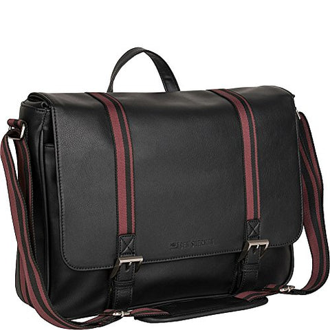 Ben Sherman Faux Leather Single Gusset Flapover 15” Computer Laptop Messenger Bag, Black, One Size
