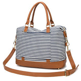 Women Ladies Canvas Weekender Bag Overnight Carry-On Tote Duffel In Trolley Handle (Blue Stripe)
