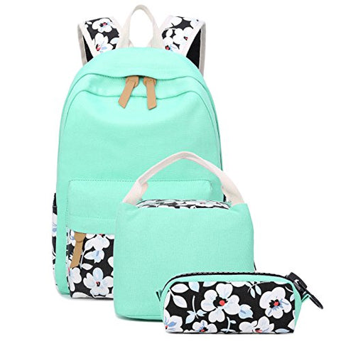 School Backpacks for Teen Girls Lightweight Canvas Backpack Bookbags Set (Light Green-1)