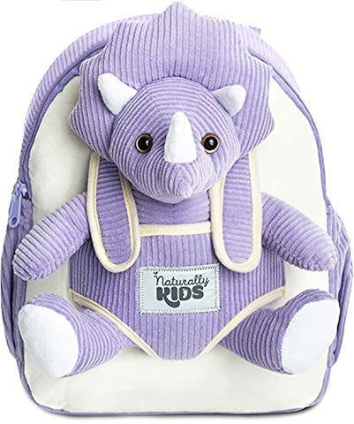 Naturally KIDS Medium Dinosaur Backpack - Dinosaur Toys for Kids 5-7 - Kids Backpack for Girls w Stuffed Animal - Gifts for 6 Year Old Boy - w Pockets & Reflective Logo - Backpack w Purple Triceratops