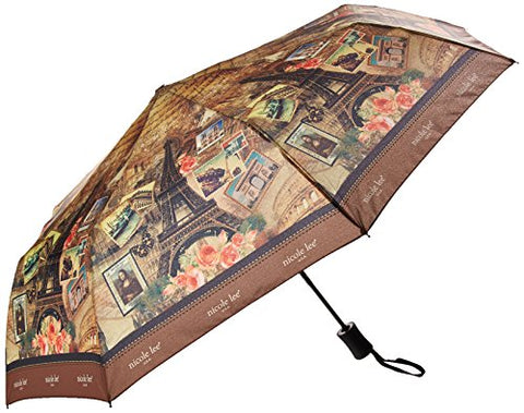 Nicole Lee Women's Automatic [Vintage European Stamp Print] Push Button Foldable 12" Inch Umbrella