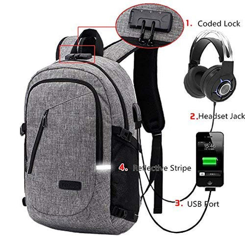 Itopfox Travel Laptop Compartment Backpack USB/Headphone Port Rucksack Computer Bag Anti-Thief Code