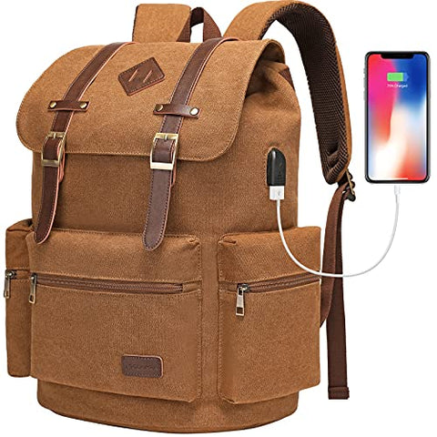 Modoker Mens Canvas Vintage Backpack for Men, Travel Laptop Backpack Fits 17/15.6 Inch Computer & Tablet, Large Bookbag Rucksack Backpack with USB Charging Port, Brown