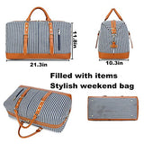 BLUBOON Weekender Overnight Bag Travel Women Ladies Canvas Duffle Tote Bags PU Trim (Blue stripe)