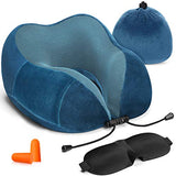 HOMIEE Travel Pillow, Neck Support Memory Foam Cushion Essentials with Sleep Mask, Earplugs -Build in Pouch and Extra Pocket, Ideal for Travelling and Flights
