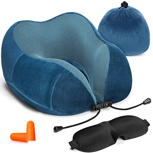 HOMIEE Travel Pillow, Neck Support Memory Foam Cushion Essentials with Sleep Mask, Earplugs -Build in Pouch and Extra Pocket, Ideal for Travelling and Flights