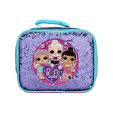 LOL Girl’s 4 Piece Backpack Set, Sequined School Bag with Front Panel and Mesh Pockets, Insulated Lunch Bag, with Water Bottle and Squish Ball Dangle, Purple and Teal