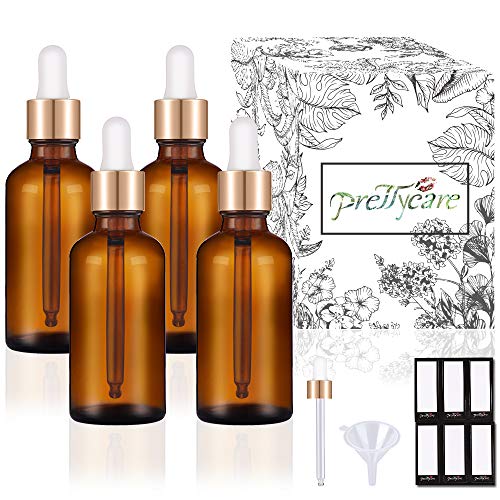 PrettyCare Eye Dropper Bottle 1 oz (4 Pack Amber Glass Bottles 30ml with Golden Caps, 1 Extra Eye Droppers, 12 Labels, Funnel & Measured Pipettes) Empty Tincture Bottles for Essential Oils