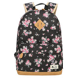 ABage Cute Casual Bag Floral Canvas Backpack College Book Bag Travel Daypack, Black