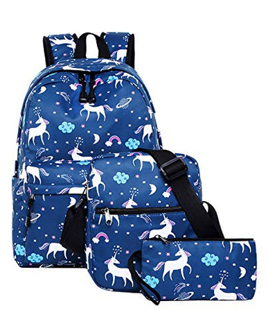 ABage Bookbag 3 Pieces Water Resistant Book Bag Student Laptop Backpack Travel Daypack, Dark Blue