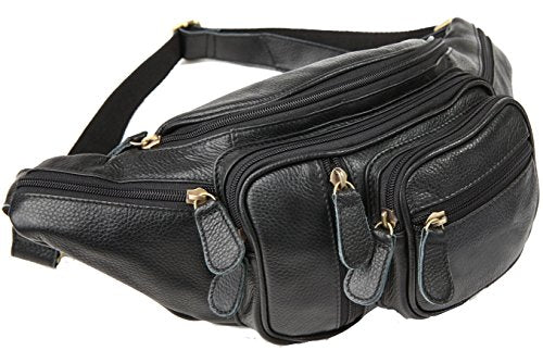 Polare Men'S Natural Leather Fanny Pack Waist Bag Black Large