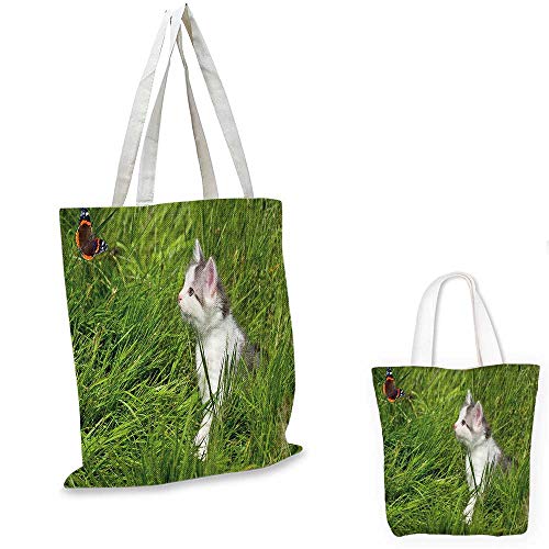 Nature canvas messenger bag Cute Cat Watching a Butterfly on Grass Field Garden Inspirational