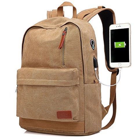 Canvas Laptop Backpack, Waterproof School Backpack With USB Charging Port For Men Women, Vintage Anti-theft Travel Daypack College Student Rucksack Fits up to 15.6 inch Computer(Brown)