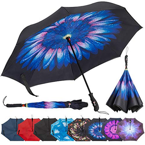 Repel Reverse Folding Inverted Umbrella with 2 Layered Teflon Canopy and Reinforced Fiberglass Ribs (Indigo Flower)