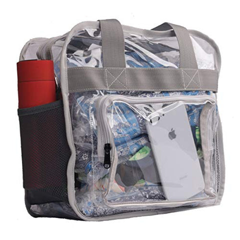 Heavy-Duty Clear Tote Bag NFL Stadium Approved 12" X 12" X 6" With Extra 3 Pockets & Long Shoulder Strap, Perfect for Work School Sports Games and Concerts (GREY)