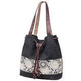 Hiigoo Printing Canvas Shoulder Bag Retro Casual Handbags Messenger Bags (Black)