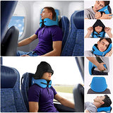 LANGRIA 6-in-1 Memory Foam Neck Support Travel Pillow with Detachable Hood Adjustable Neck Size for All Ages Side Elastic Pocket Neck Travel Cushion for Plane Train Car Bus Office (Blue)