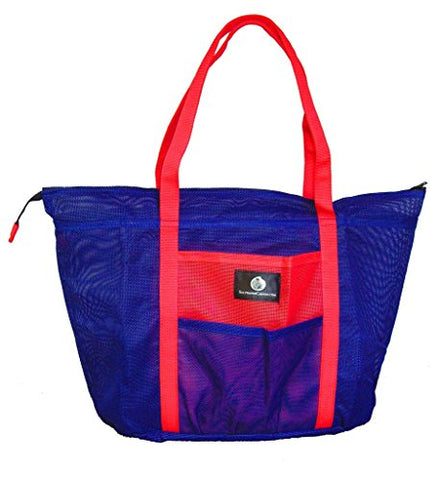 Saltwater Canvas Bolongo Bag, 8 Pockets, Slim Mesh Beach Tote, Gym, Blue & Red