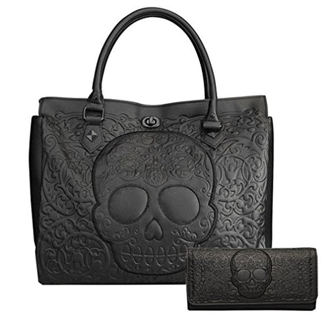 Loungefly Pebble Skull Big Purse and Matching Wallet Set (Black)