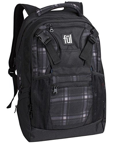 FUL 5238BP Daypack Backpack with Laptop Sleeve in Black and Gray Plaid