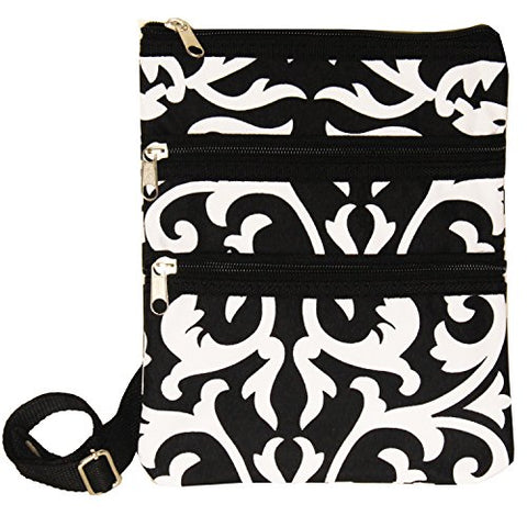 World Traveler Womens 9 Inch Swingpack Purse Bag, Black Trim Damask, One Size