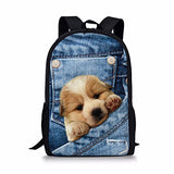 Doginthehole Sweety Cute Girls Denim Cat Dog Printed Backpacks For Boys Baby