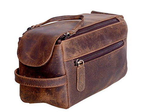 KOMALC Genuine Buffalo Leather Unisex Toiletry Bag Travel Dopp Kit