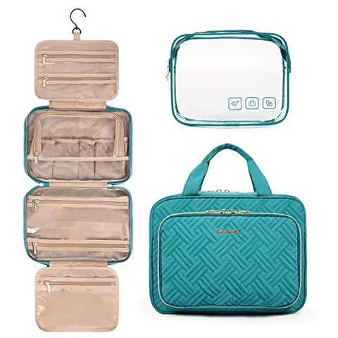 BAGSMART Toiletry Bag Hanging Travel Makeup Organizer with TSA Approved Transparent Cosmetic Bag Makeup Bag for Full Sized Toiletries, Medium-Teal