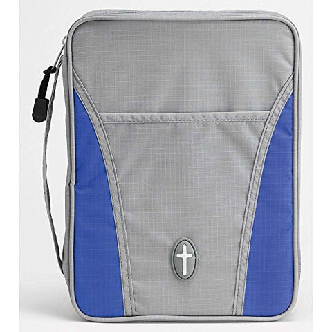 Grey and Bright Blue Cross Front Pocket Medium Nylon Bible Cover with Handle